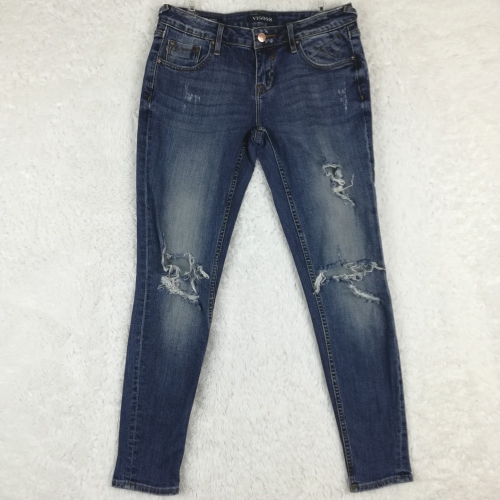 Vigoss Jeans Womens Skinny The Jagger Denim Blue Ripped Medium Wash Low Rise 27